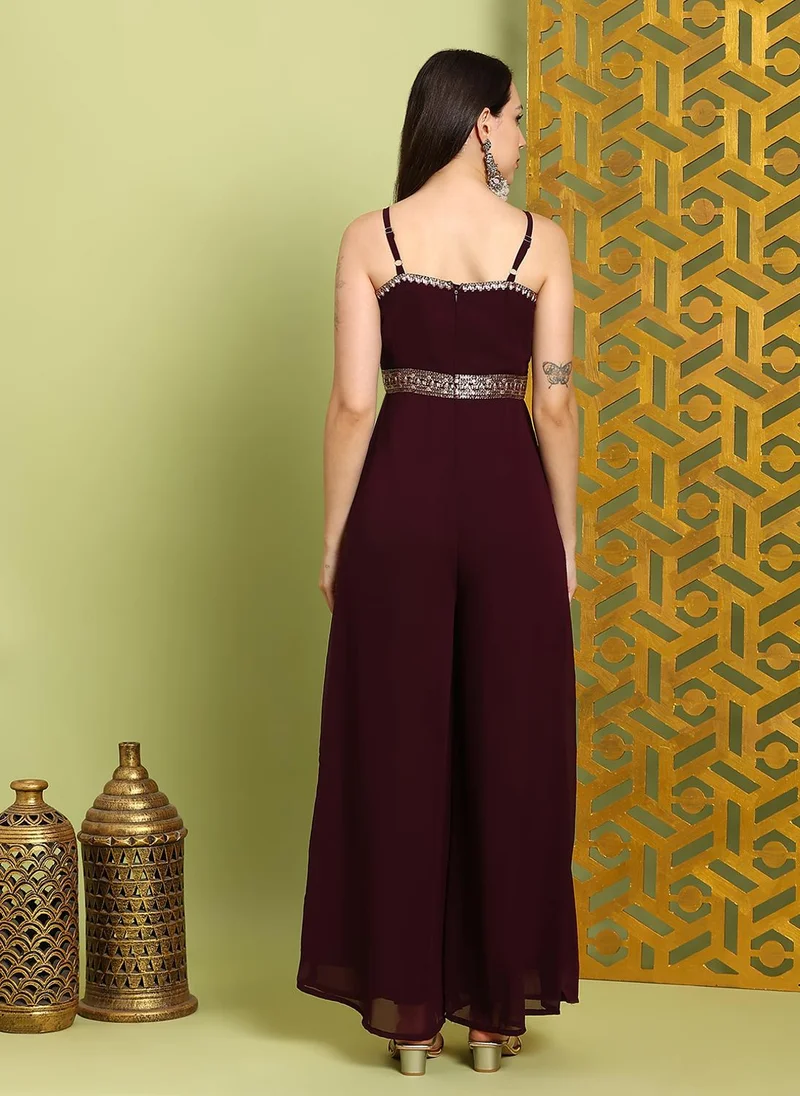 globus Brown Globus Women Brown Scoop Neck Shoulder Straps Embroidered Detail Georgette Flared Festive Jumpsuit for Women | Best Price UAE
